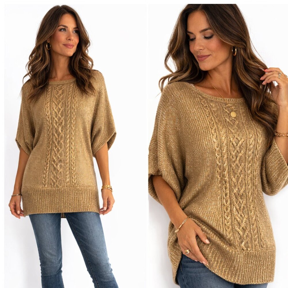 Lauren Ralph Lauren Gold Metallic Knit Sweater Tunic Sleeve size XL